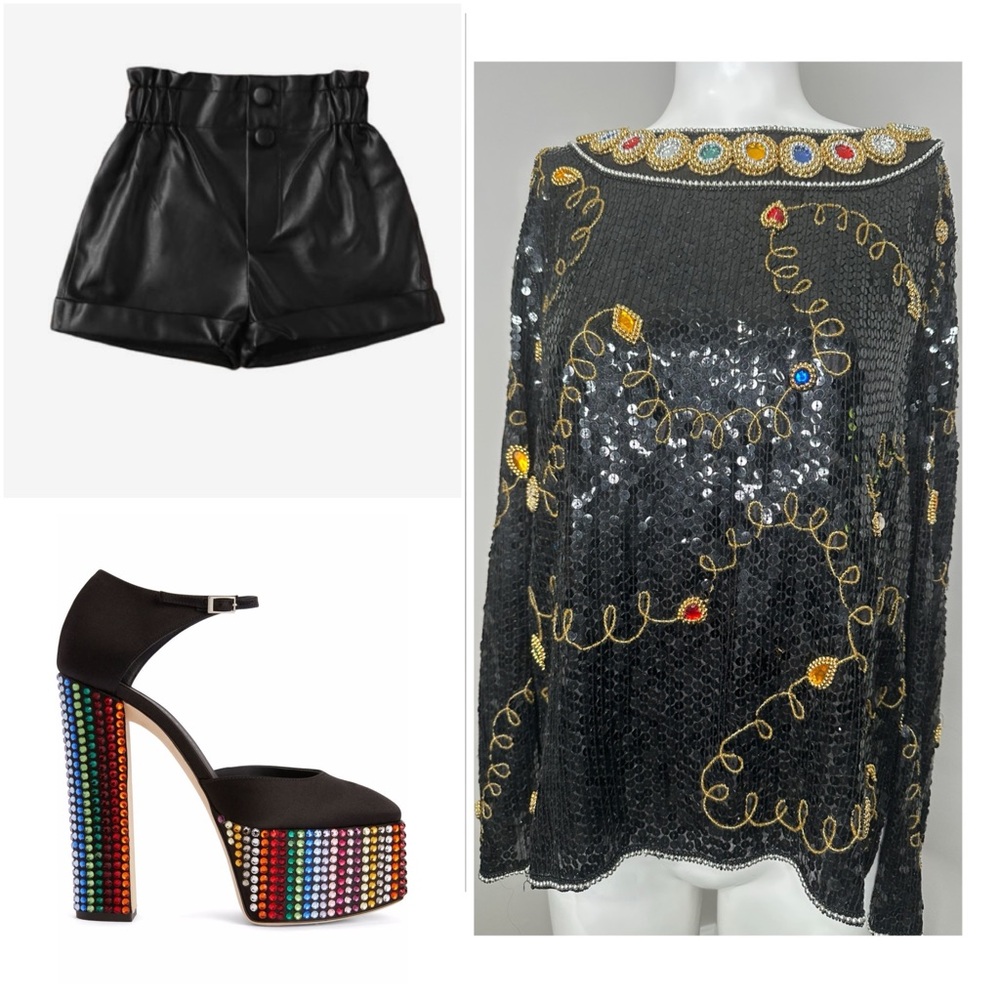 JENNIFER VINTAGE SILK COLORFUL BLACK SEQUIN BEADED TOP - PRELOVED- MEDIUM